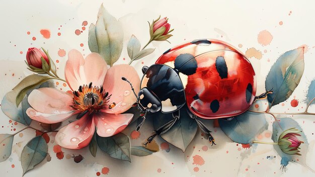 Un dessin numérique d'une fleur et de feuilles de coccinelle en aquarelle