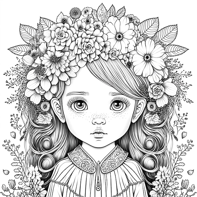 Photo dessin numérique de petite fille avec une couronne de fleurs sur sa tête