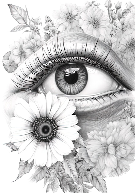 un dessin d'un oeil de femme avec des fleurs et un oeil au beurre noir.
