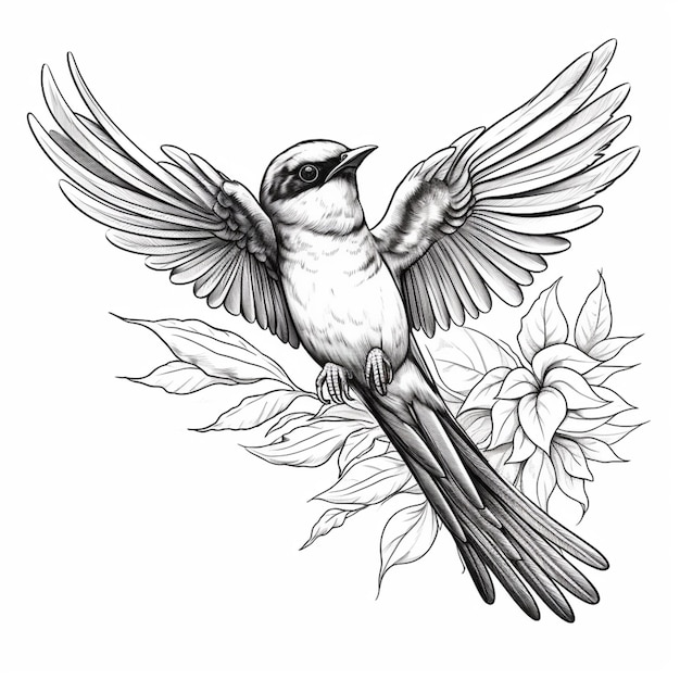 un dessin d'un oiseau avec des ailes déployées et des fleurs ai générative