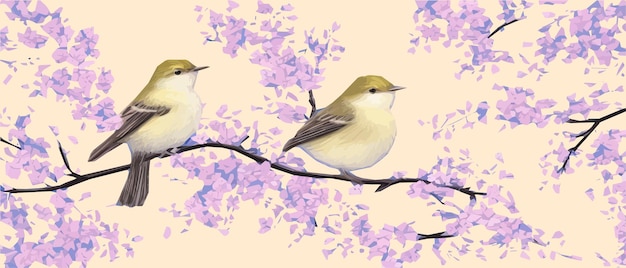 Dessin d'un oiseau sur des branches d'arbres en fleurs Croquis vintage de beaux oiseaux avec des fleurs Conception de cartes de bienvenue