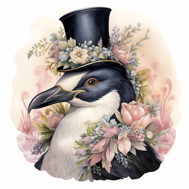 un dessin d'un oiseau avec des fleurs et un chapeau avec un oiseau dessus