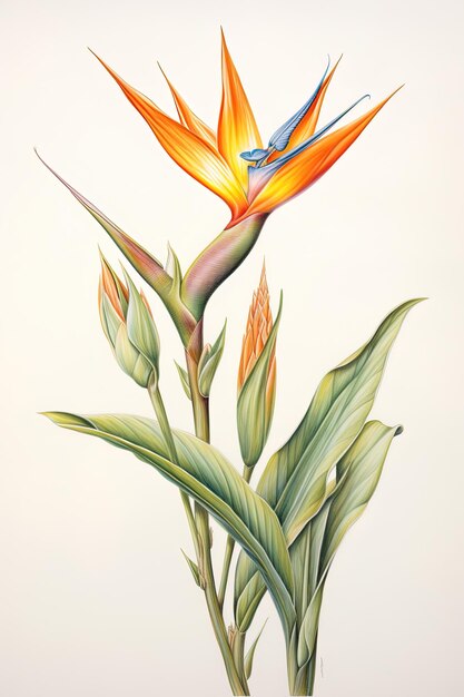 un dessin d'un oiseau sur une plante avec des fleurs orange et jaune