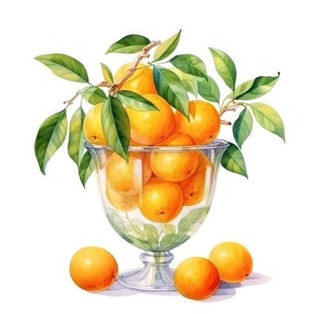 un dessin d'oranges et de feuilles dans un vase en verre.