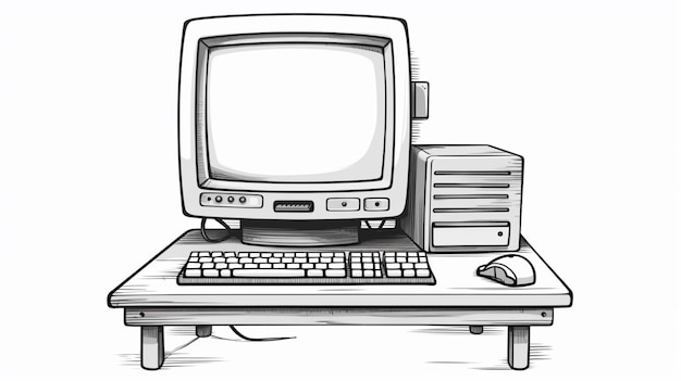 un dessin d'un ordinateur avec un clavier et une souris sur une table générative ai