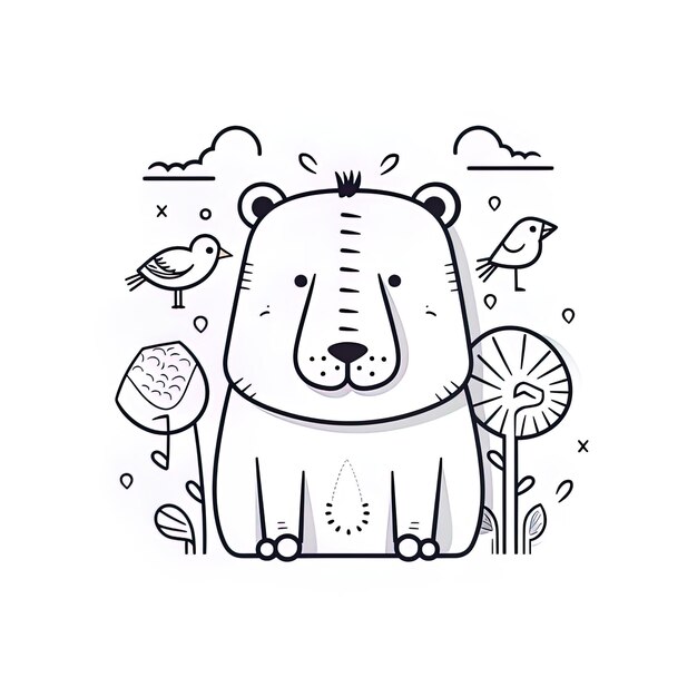 un dessin d'un ours avec un oiseau et des oiseaux dessus