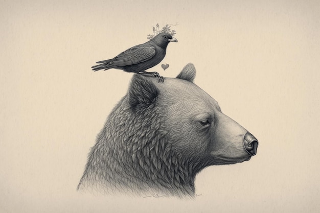 Dessin d'un ours avec un oiseau sur la tête