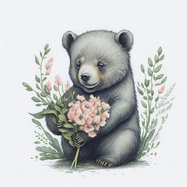 Un dessin d'un ours tenant un bouquet de fleurs.