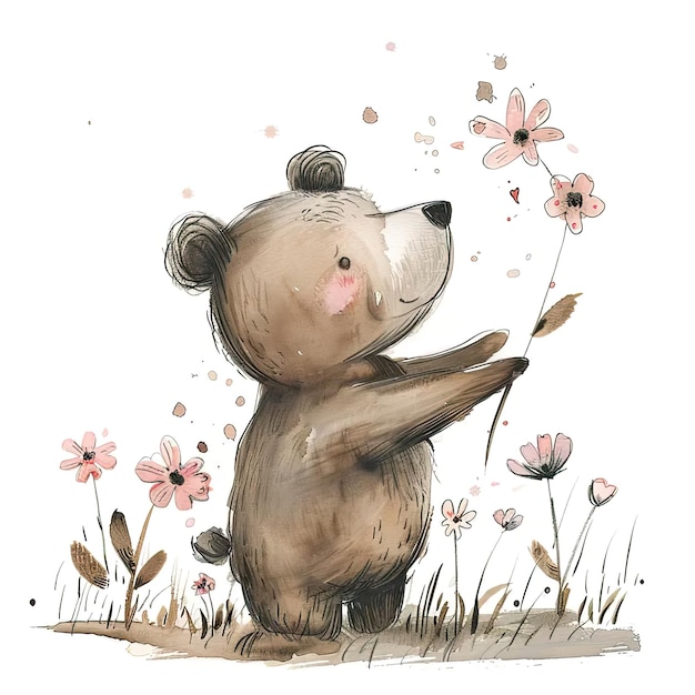 Un dessin d'un ours tenant une fleur