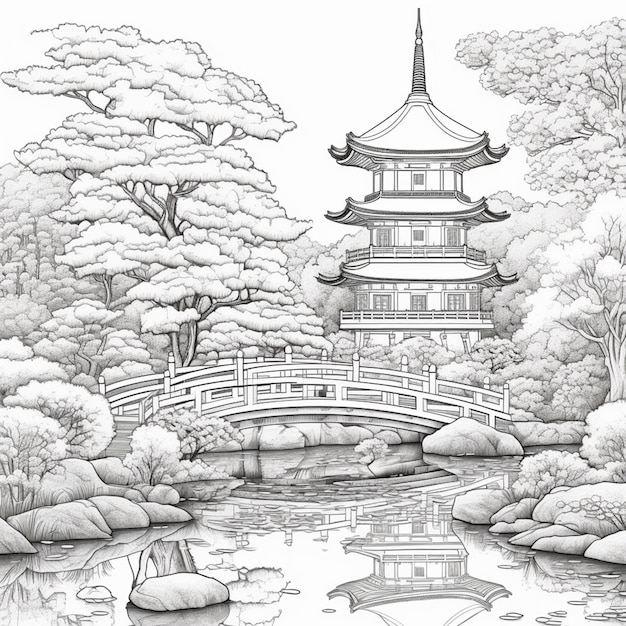 Photo un dessin d'une pagode dans un jardin japonais avec un pont génératif ai