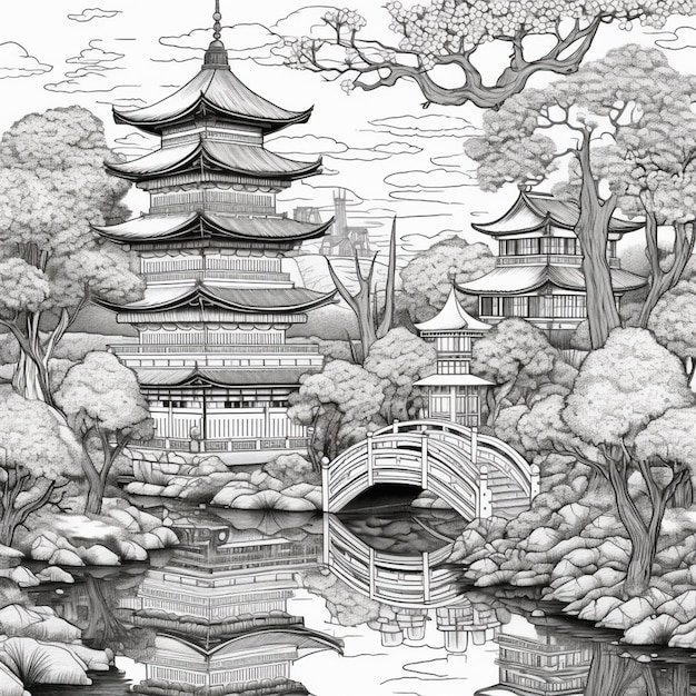 Un dessin d'une pagode dans un jardin japonais avec un pont génératif ai