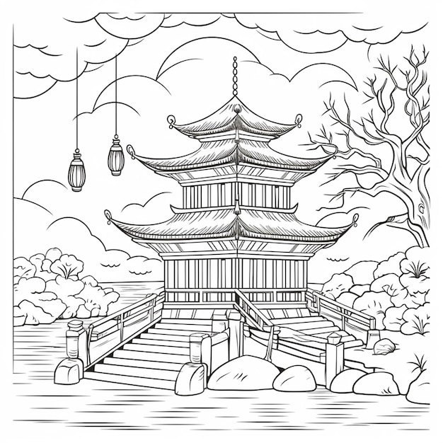 un dessin d'une pagode dans un paysage japonais IA générative