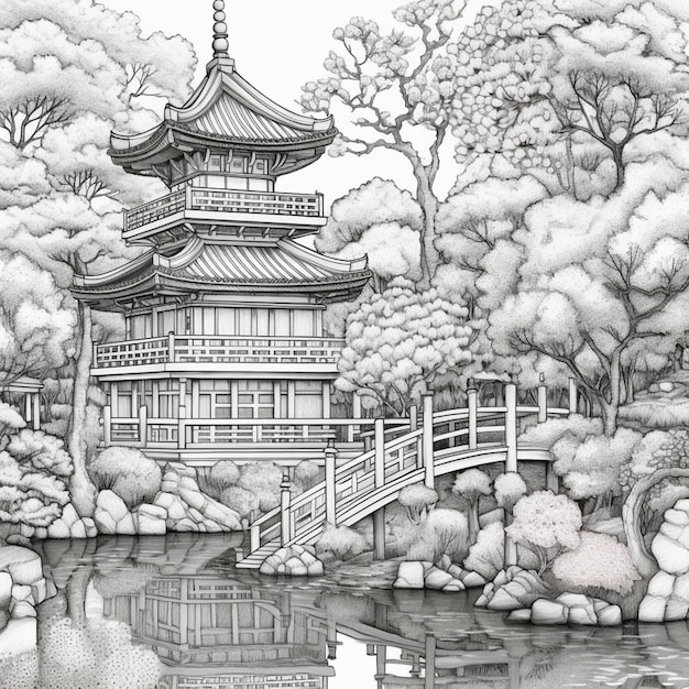 Un dessin d'une pagode japonaise dans un parc avec un étang génératif ai