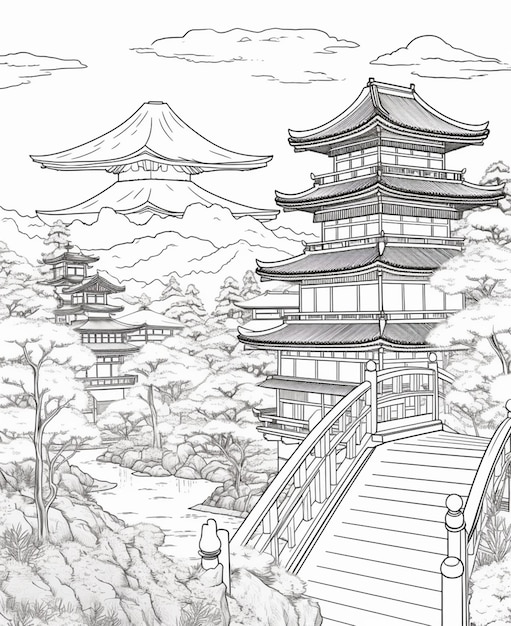 Un dessin d'une pagode japonaise avec un pont et des pagodes en arrière-plan