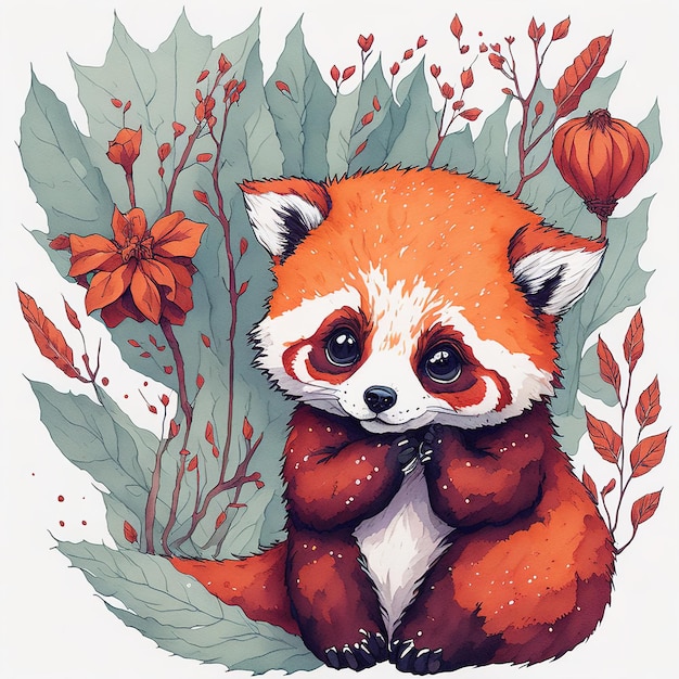 Un dessin d'un panda roux avec une fleur dessus.