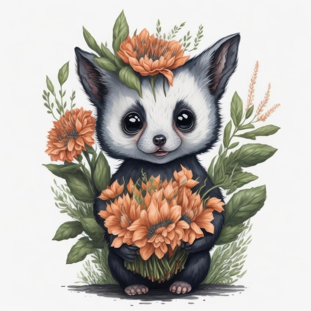 Un dessin d'un panda tenant un bouquet de fleurs.