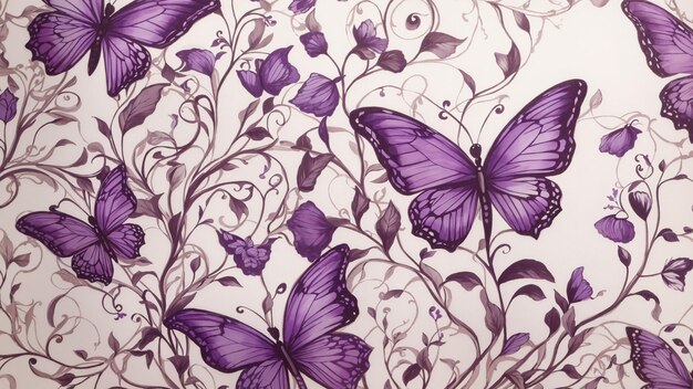 Un dessin de papier peint à la main fantaisiste avec des papillons violets.