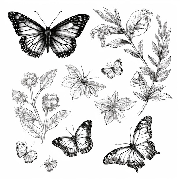 Un dessin d'un papillon et de fleurs avec des feuilles génératives ai