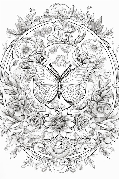 Un dessin d'un papillon et de fleurs.