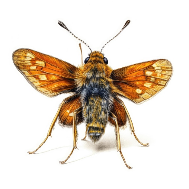 Un dessin d'un papillon de nuit avec un anneau jaune et bleu autour des ailes.