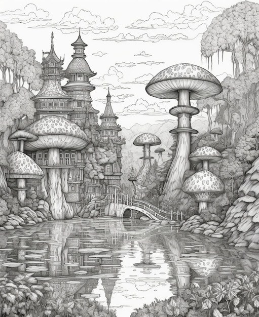 Un dessin d'un paysage fantastique avec un château et un pont.