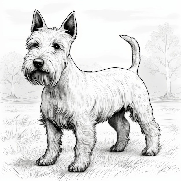 Dessin de paysage monochrome d'un chien terrier écossais blanc