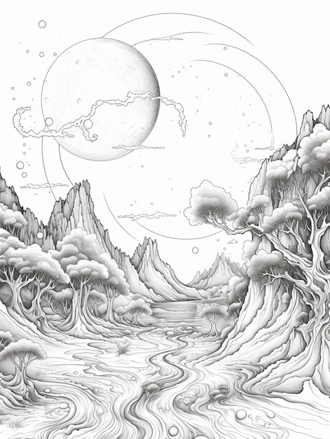 un dessin d'un paysage de montagne avec une rivière et une lune générative ai