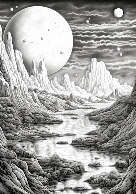 Photo un dessin d'un paysage de montagne avec une rivière et une lune générative ai