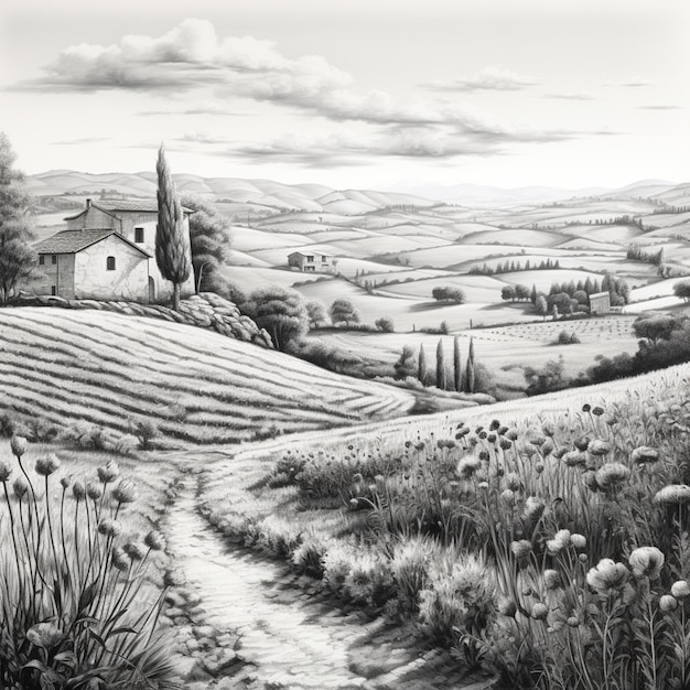 dessin d'un paysage rural avec un chemin menant à une ferme