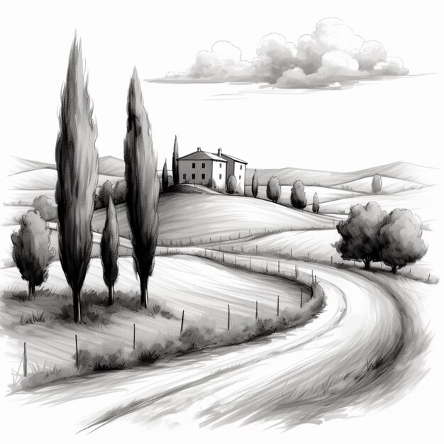 un dessin d'un paysage rural avec une maison et des arbres génératifs ai