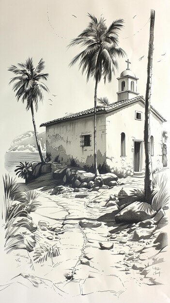 Photo dessin de penandink d'une scène de matinée calme avec des palmiers pour le dimanche des palmier