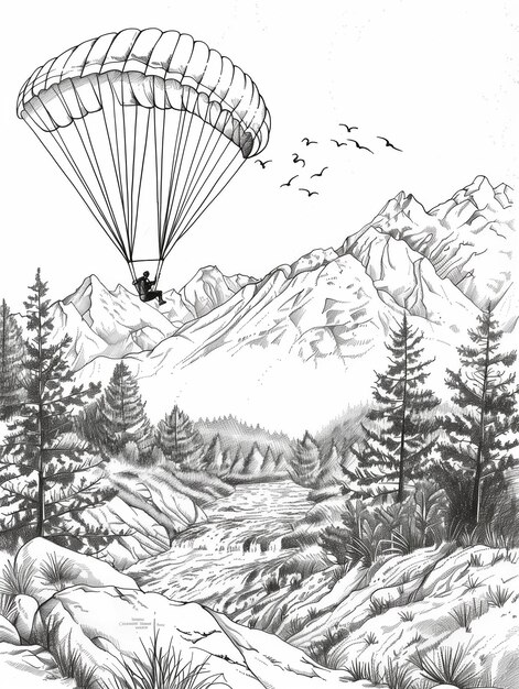 Photo un dessin d'une personne en parachute sur une montagne avec un parachute génératif ai