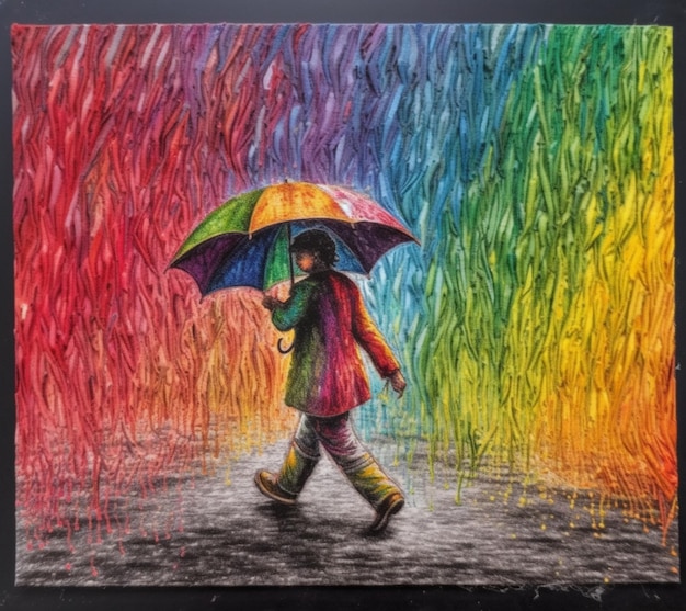 Un dessin d'une personne avec un parapluie marchant sous la pluie.
