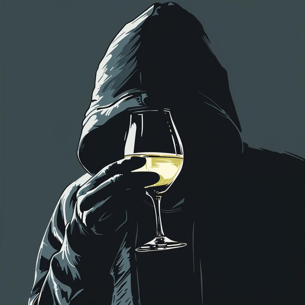 un dessin d'une personne tenant un verre de vin