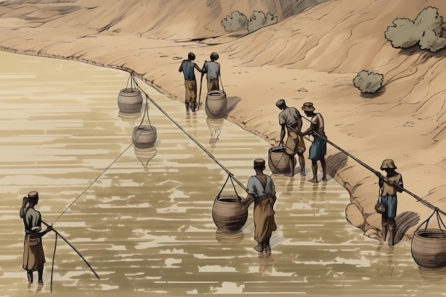 Un dessin de personnes travaillant sur une rivière.