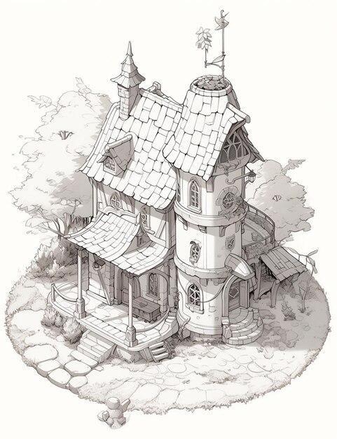 dessin d'un petit château avec une tour d'horloge et une palette météorologique