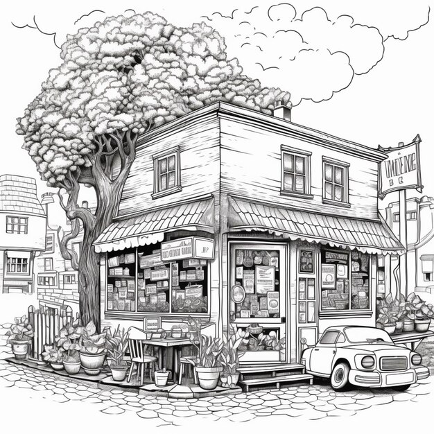 un dessin d'un petit magasin avec un arbre devant lui IA générative