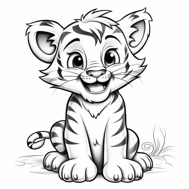 un dessin d'un petit tigre assis avec les yeux ouverts IA générative