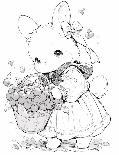 Un dessin d'une petite fille tenant un panier de fruits générative ai