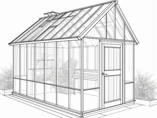 Un dessin d'une petite serre avec un toit en verre