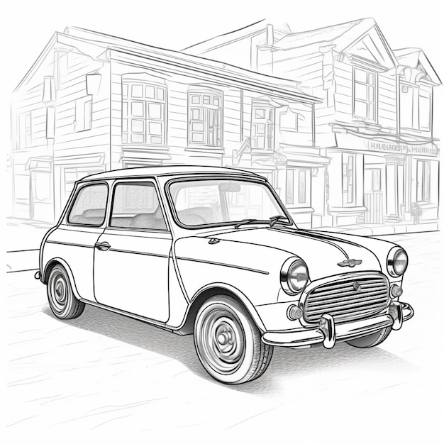 un dessin d'une petite voiture garée devant une maison générative ai