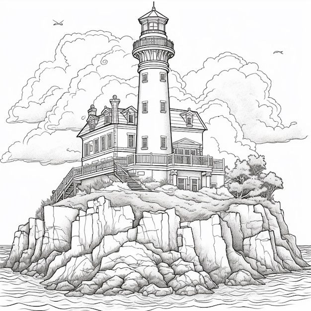 Un dessin d'un phare sur un rocher dans l'océan