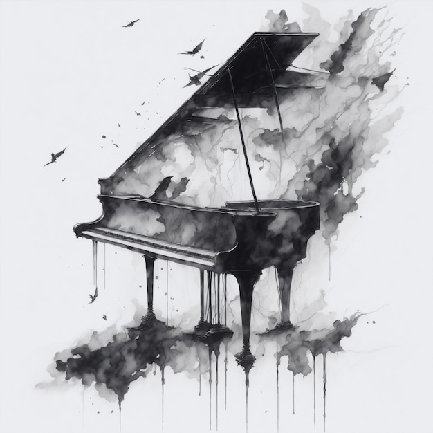 Un dessin d'un piano avec des oiseaux dessus