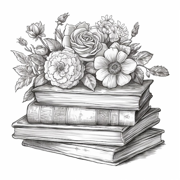 un dessin d'une pile de livres avec des fleurs sur le dessus IA générative