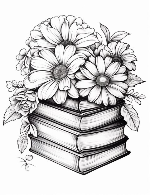 Photo un dessin d'une pile de livres avec des fleurs sur le dessus