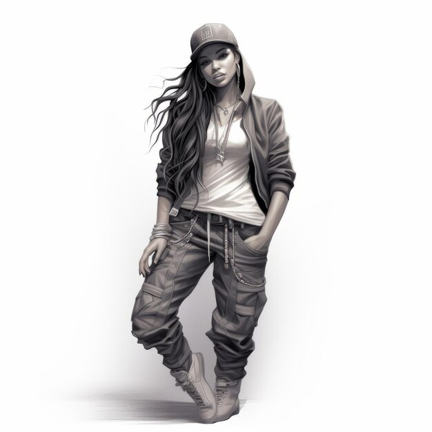 Un dessin à pinceau de style hip-hop d'une jeune femme à l'extérieur