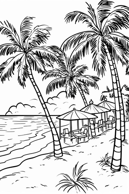 un dessin d'une plage avec des palmiers et une cabane générative ai