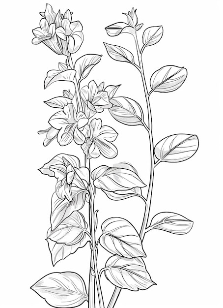 un dessin d'une plante avec des feuilles et des fleurs sur un fond blanc