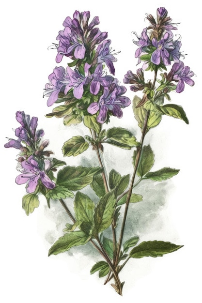 Un dessin d'une plante avec des fleurs violettes et des feuilles vertes.
