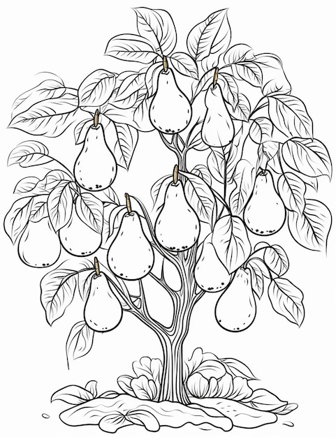 un dessin d'un poirier avec des fruits dessus